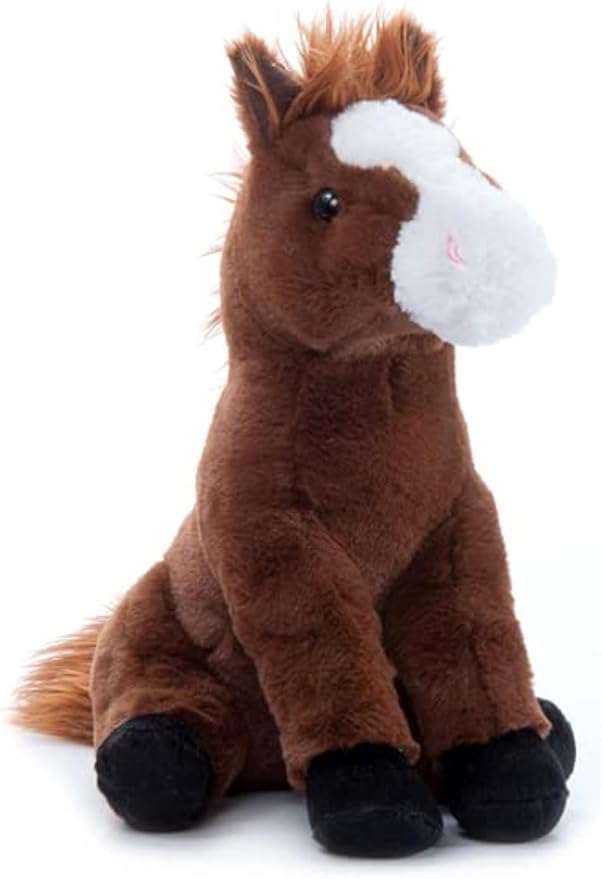 A plush seated toy resembling a brown horse with a shaggy mane and tail, long legs, and a subtle smile.