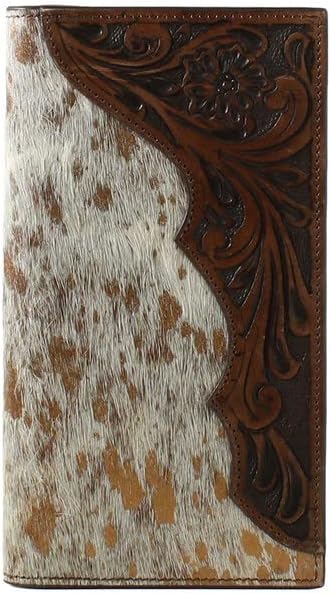 Men's Nocona rodeo style wallet featuring brown tooled leather and calf hair. 