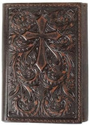 Men's brown leather tri-fold wallet from Nocona. Featuring a embossed cross and scroll work pattern. 