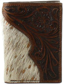 Nocona Brown tooled leather tri-fold wallet with calf hair. 