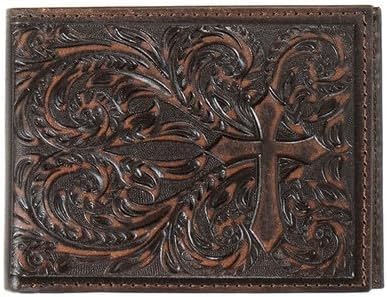 Nocona brown embossed leather cross design bi-fold wallet. 