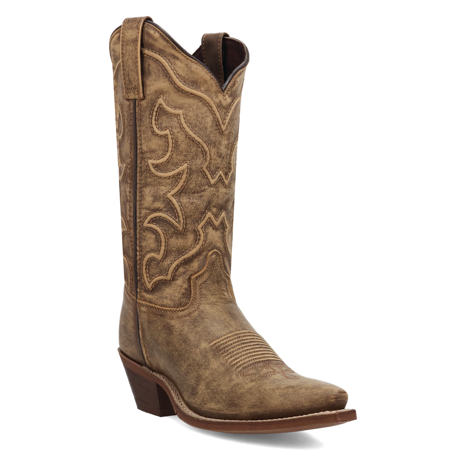 A profile view of a brown cowboy boot with intricate corded stitching.