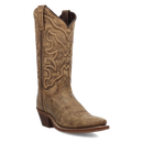 A profile view of a brown cowboy boot with intricate corded stitching.