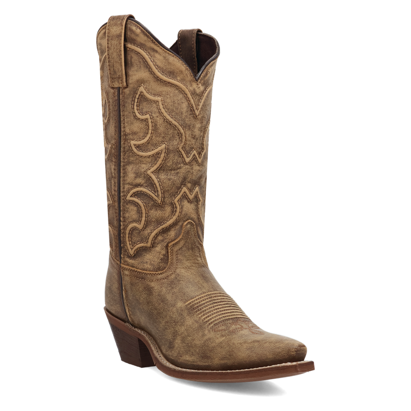 A profile view of a brown cowboy boot with intricate corded stitching.