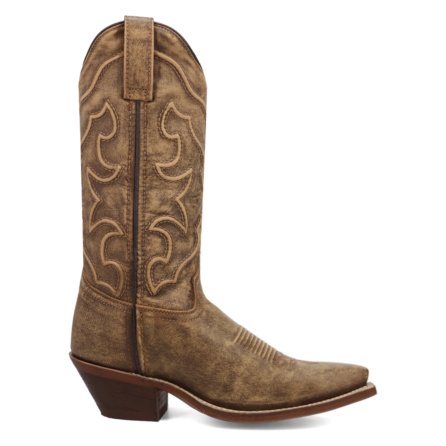 A side view of a brown cowboy boot with intricate corded stitching.