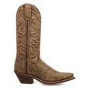 A side view of a brown cowboy boot with intricate corded stitching.