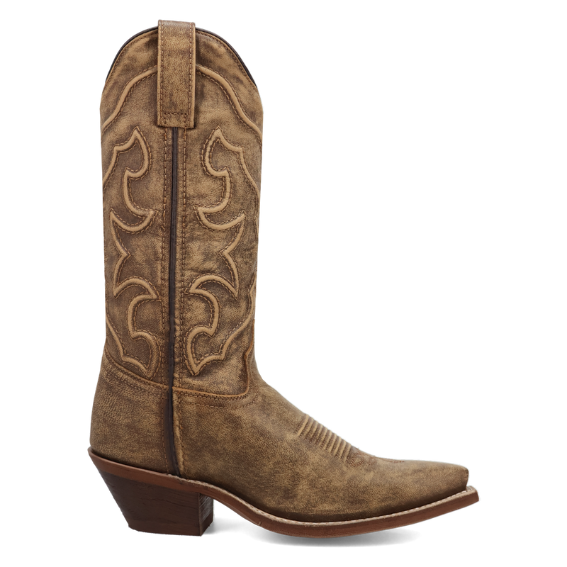 A side view of a brown cowboy boot with intricate corded stitching.