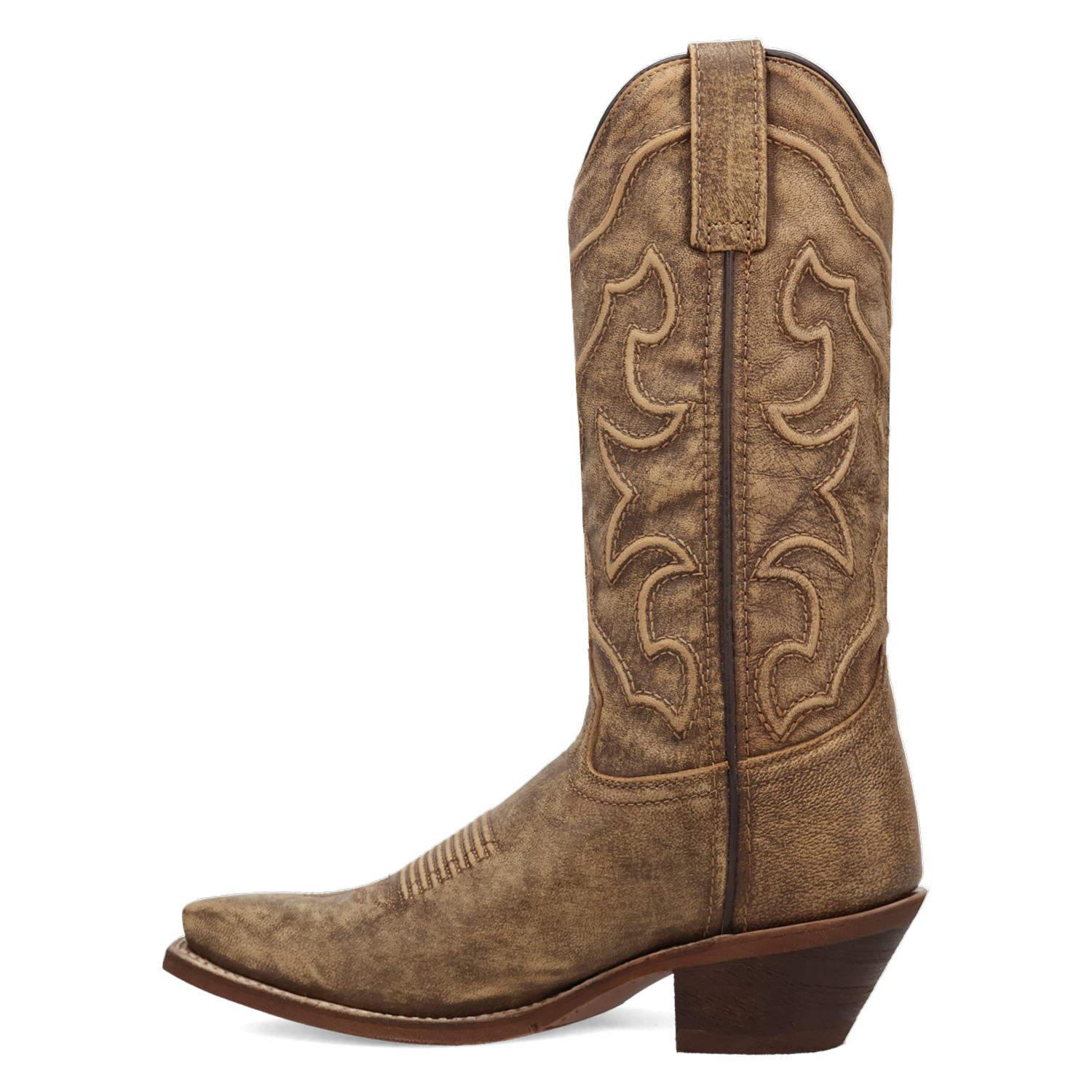 A instep side view of a brown cowboy boot with intricate corded stitching.