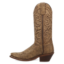 A instep side view of a brown cowboy boot with intricate corded stitching.