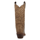 A heel view of a brown cowboy boot with intricate corded stitching.