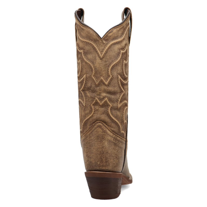 A heel view of a brown cowboy boot with intricate corded stitching.