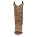 A front view of a brown cowboy boot with intricate corded stitching.