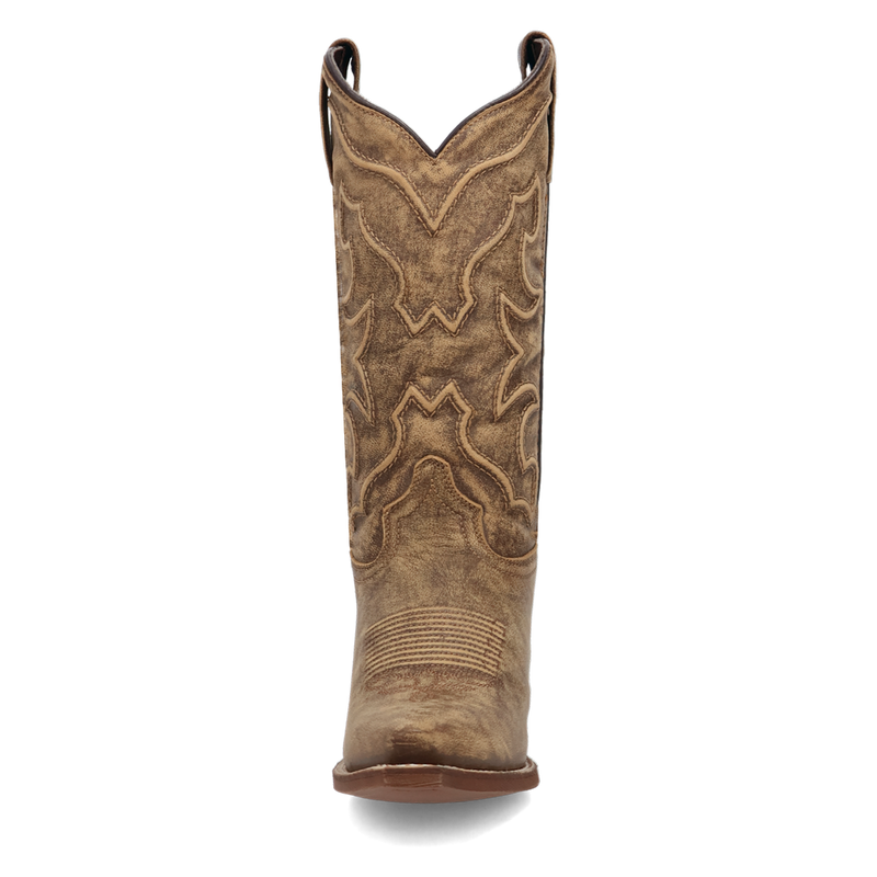 A front view of a brown cowboy boot with intricate corded stitching.