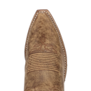 A toe profile view of a brown cowboy boot with intricate corded stitching.