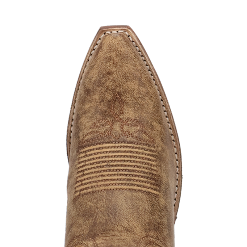 A toe profile view of a brown cowboy boot with intricate corded stitching.
