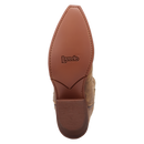A outsole view of a brown cowboy boot with intricate corded stitching.
