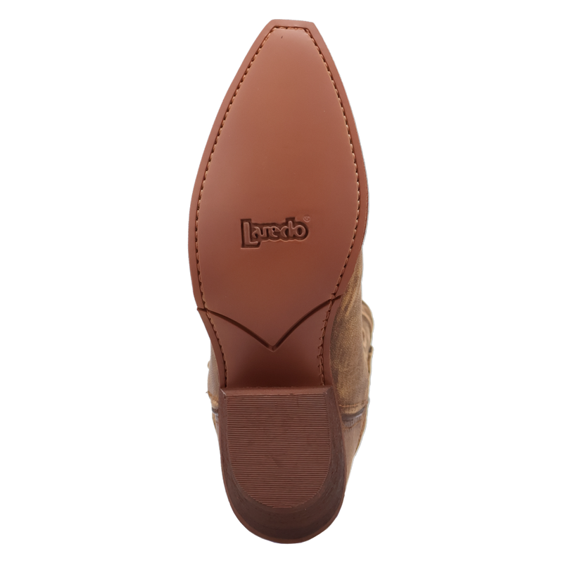 A outsole view of a brown cowboy boot with intricate corded stitching.