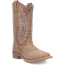 A profile view of a women's tan leather boot with a square toe and floral stitch detailing.