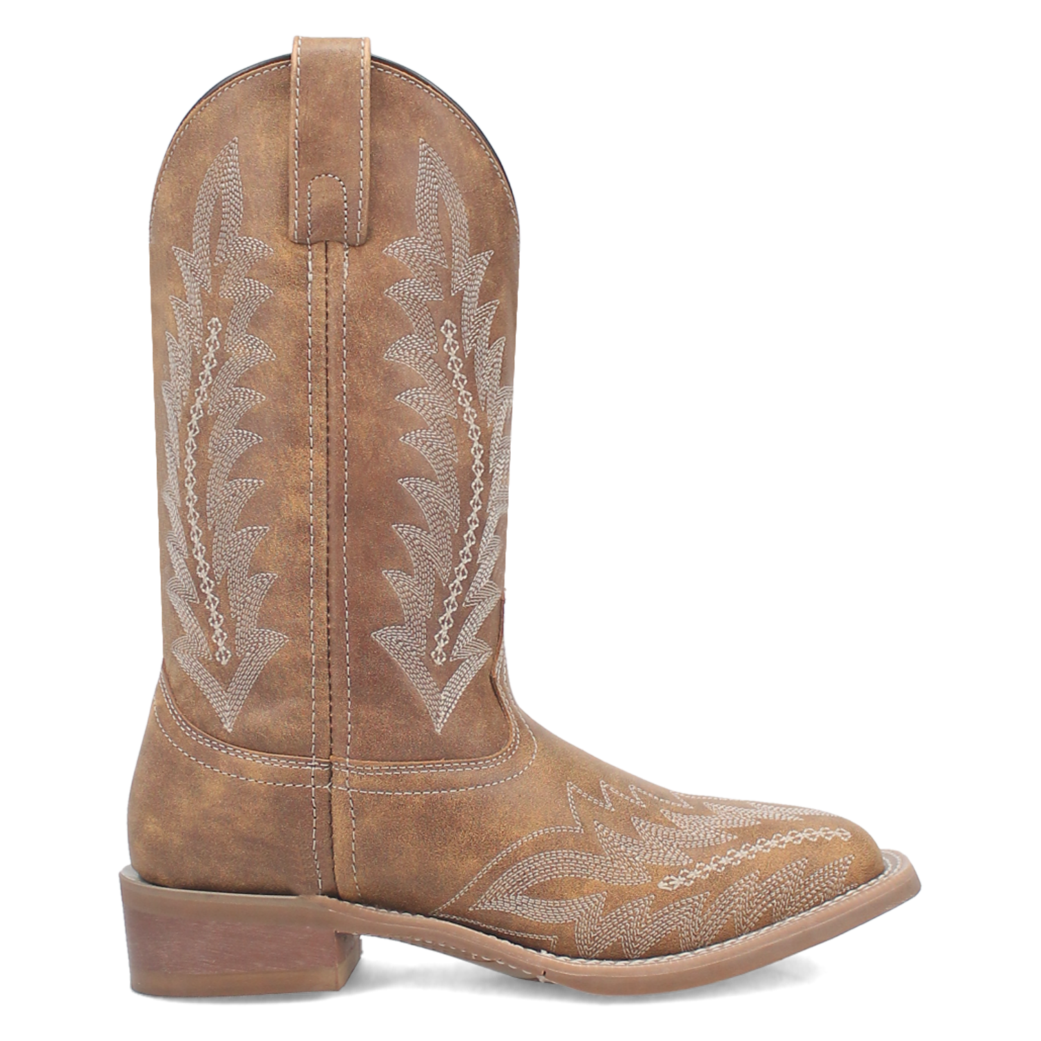 A side view of a women's tan leather boot with a square toe and floral stitch detailing.