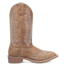 A side view of a women's tan leather boot with a square toe and floral stitch detailing.