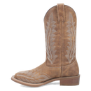 A instep side view of a women's tan leather boot with a square toe and floral stitch detailing.