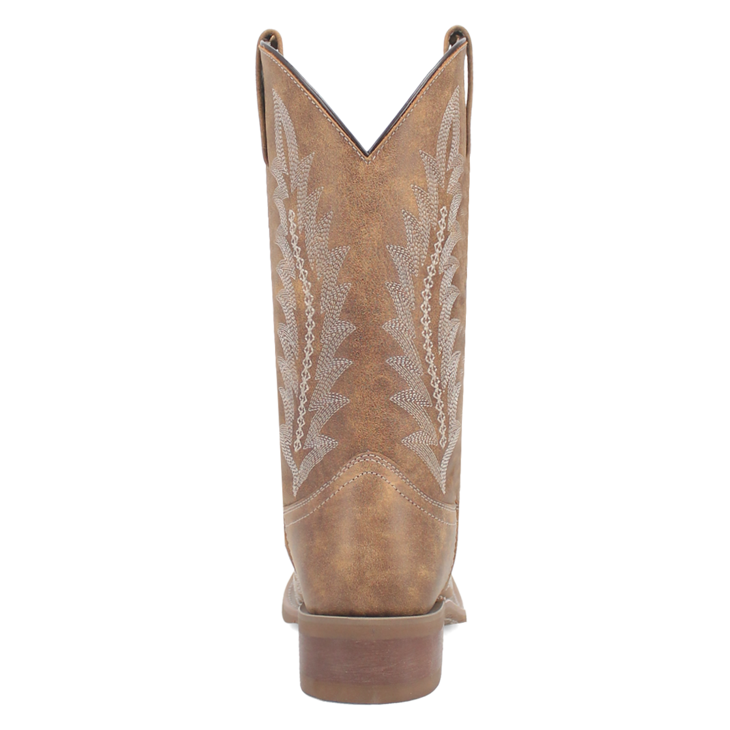 A heel view of a women's tan leather boot with a square toe and floral stitch detailing.