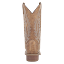 A heel view of a women's tan leather boot with a square toe and floral stitch detailing.