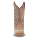 A front view of a women's tan leather boot with a square toe and floral stitch detailing.