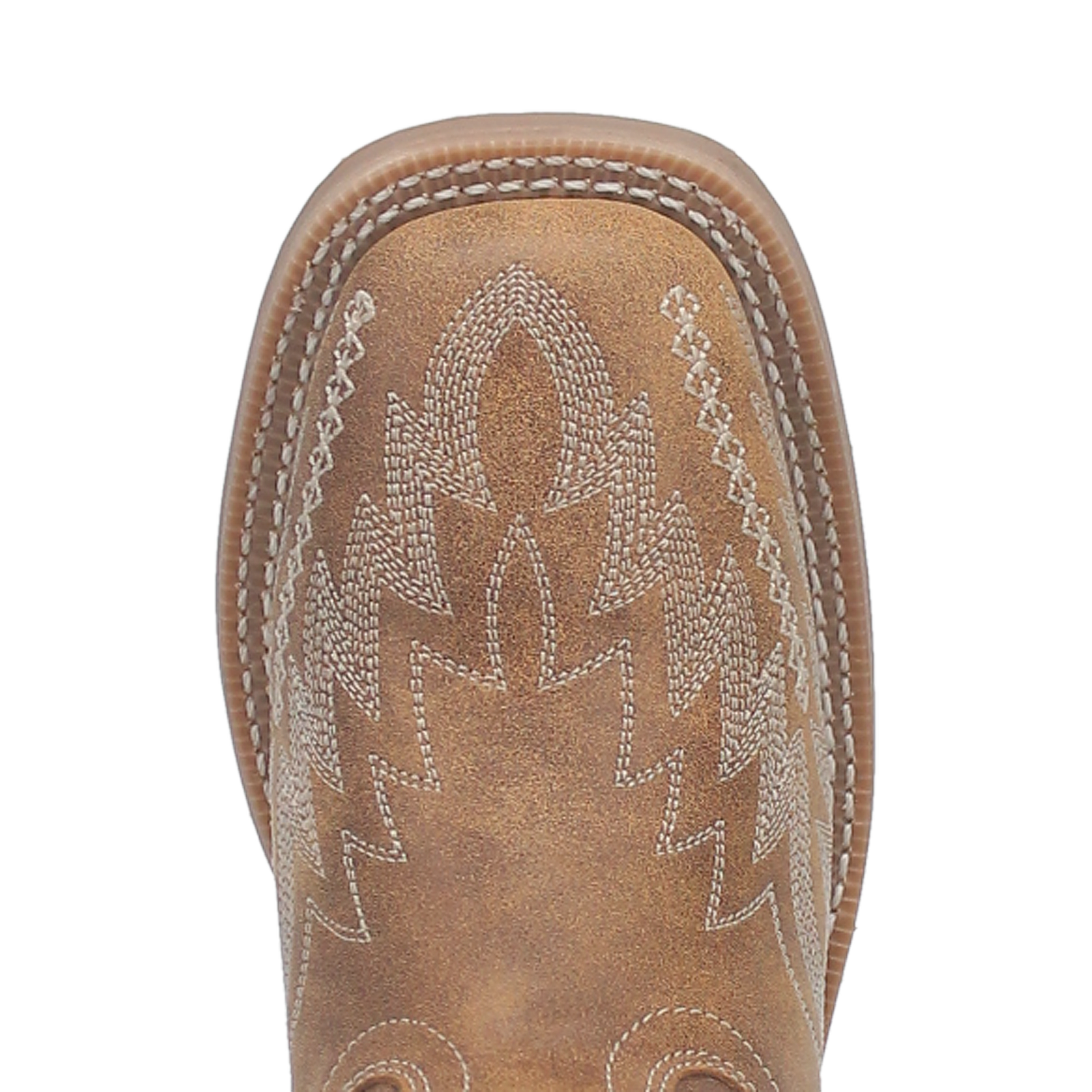 A toe profile view of a women's tan leather boot with a square toe and floral stitch detailing.