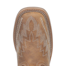 A toe profile view of a women's tan leather boot with a square toe and floral stitch detailing.