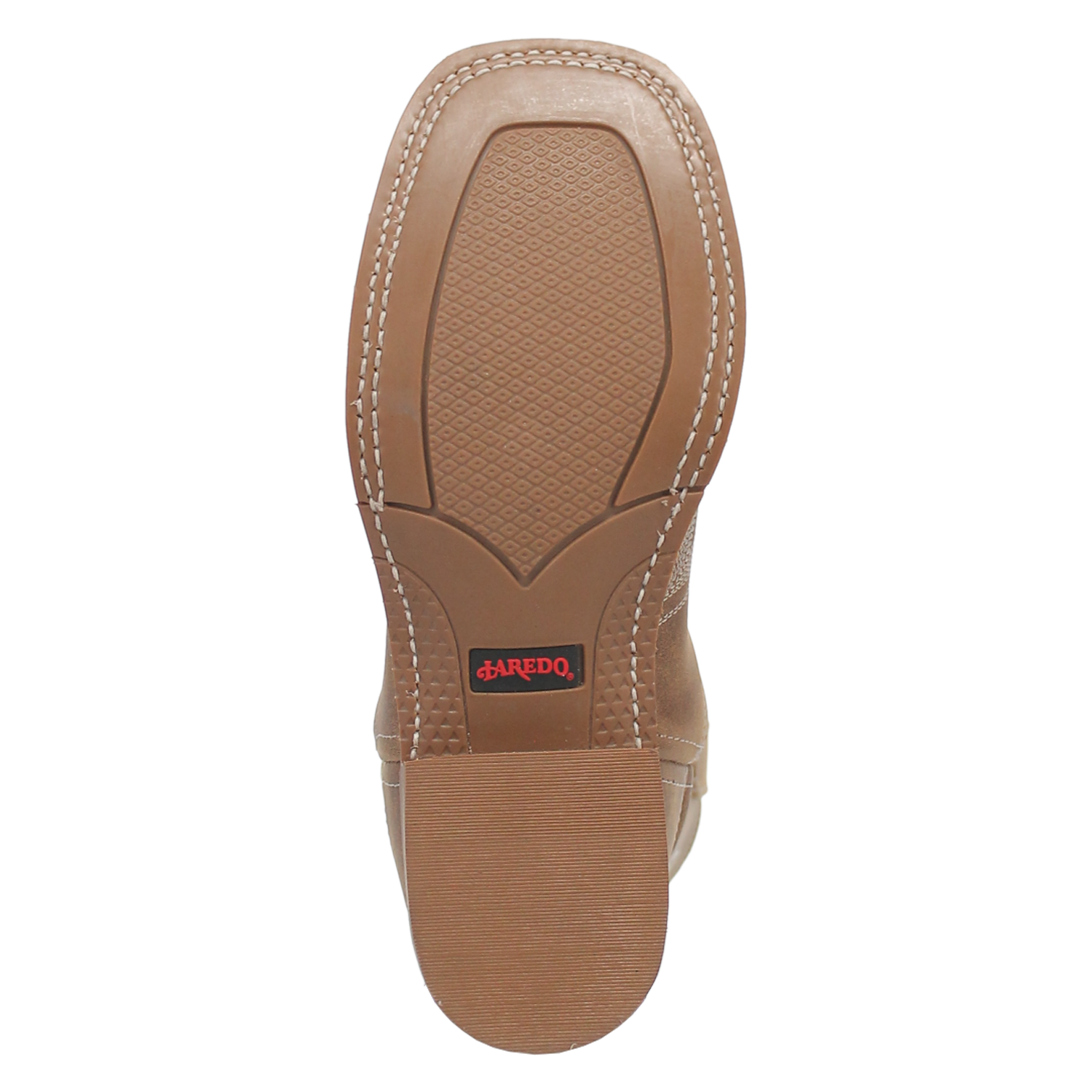 A rubber outsole view of a women's tan leather boot with a square toe and floral stitch detailing.