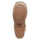 A rubber outsole view of a women's tan leather boot with a square toe and floral stitch detailing.