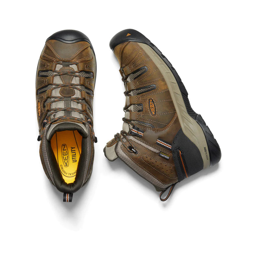 Men's Keen 6" Flint II Waterproof Mid boots in black olive and brindle colors, featuring a soft toe cap and a lace-up closure. Top View