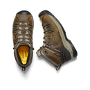 Men's Keen 6" Flint II Waterproof Mid boots in black olive and brindle colors, featuring a soft toe cap and a lace-up closure. Top View