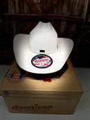 American felt hat in silver sand, front view.