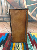 Brown leather checkbook wallet with embossed Rooster design features a whip stitched border. Rear view showing fifth bill slot. 