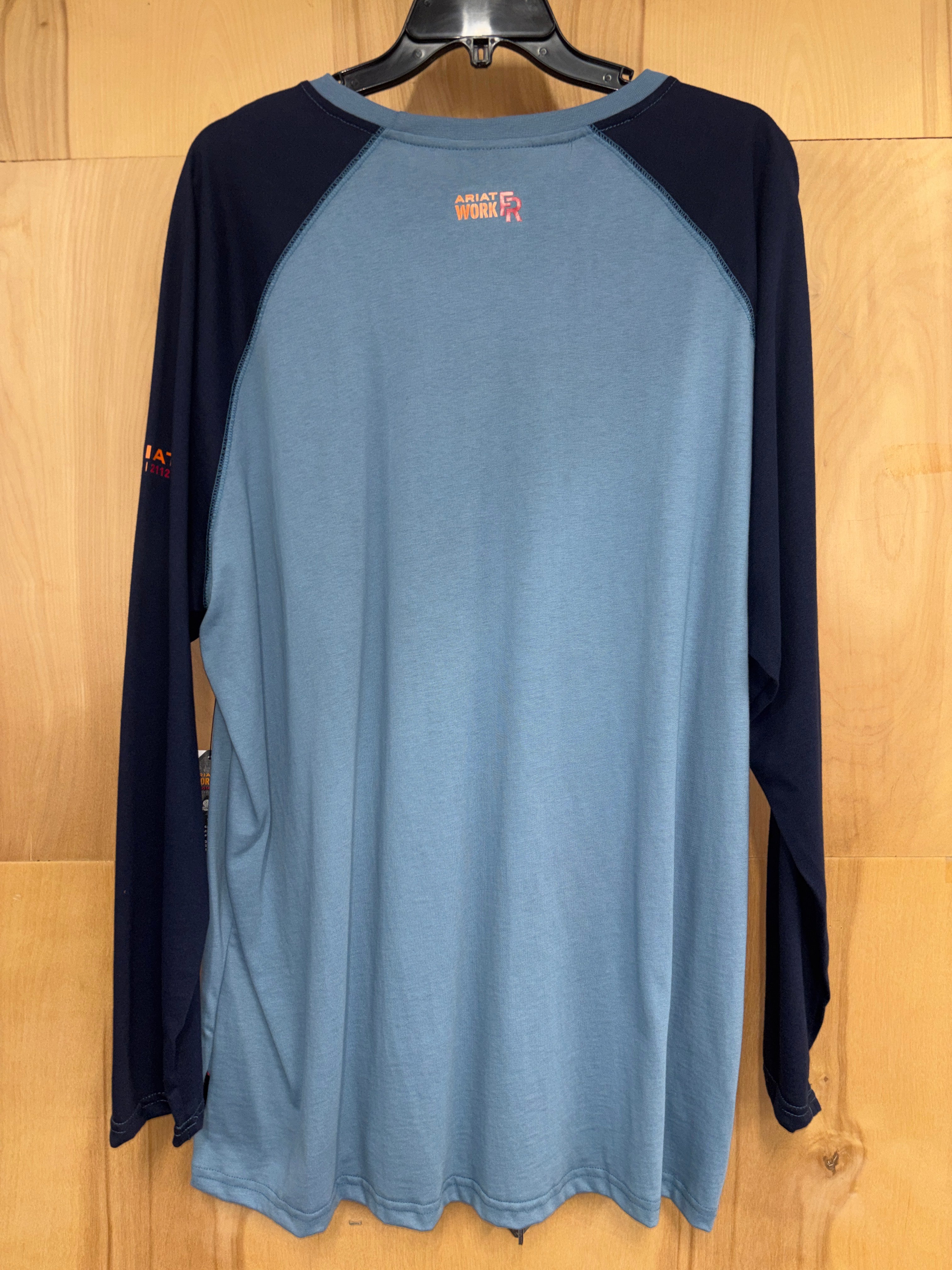 Men's Ariat Steel Blue color blocked FR long sleeve T-shirt. Rear View