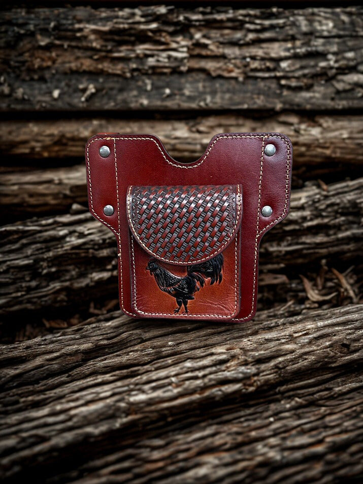 Brown leather phone case featuring a embossed Rooster design and a front pouch.  Front View