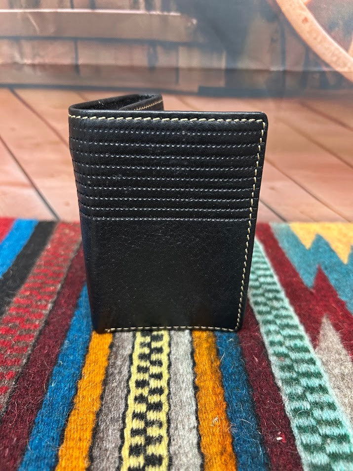 Black leather trifold wallet  with a stich pattern on the top. Front View