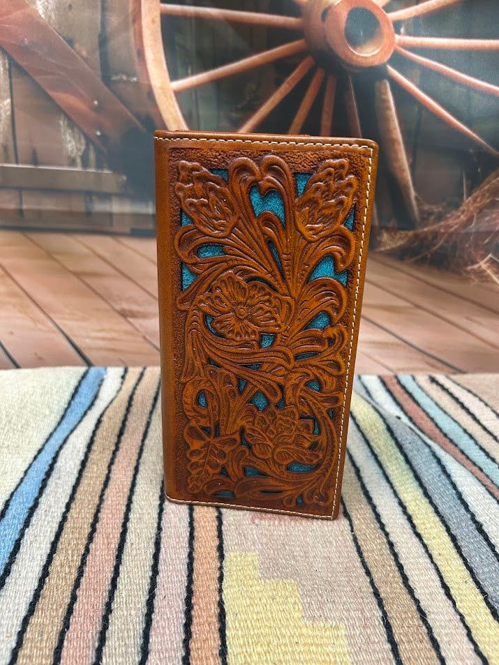 Light Brown tooled leather tall wallet with Turquoise inlay. Front View