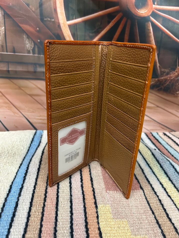Light Brown tooled leather tall wallet with a Beige inlay. Inside view showing multiple card slots, cash slots, and a ID window. 