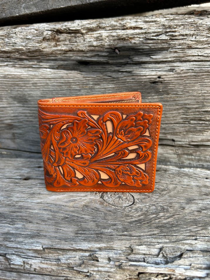 This Light Brown leather bifold wallet features a intricate tooled pattern over a  Beige inlay. Front View 