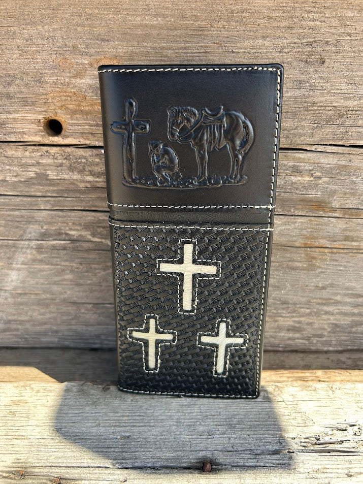 Black basketweave leather tall wallet with embossed Praying Cowboy design on top with three cowhide inlay crosses on bottom of front. Front View A