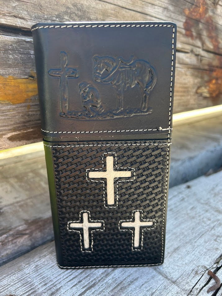 Black basketweave leather tall wallet with embossed Praying Cowboy design on top with three cowhide inlay crosses on bottom of front. Front View B