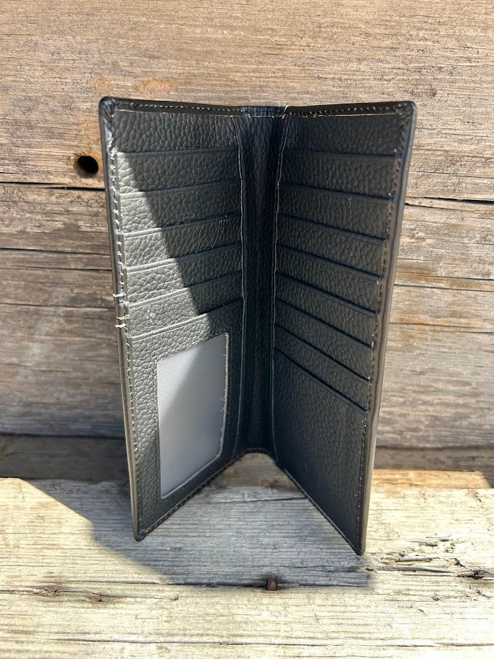 Black basketweave leather tall wallet with embossed Praying Cowboy design on top with three cowhide inlay crosses on bottom of front. Inside view showing multiple card slots, bill slots, and a ID window. 