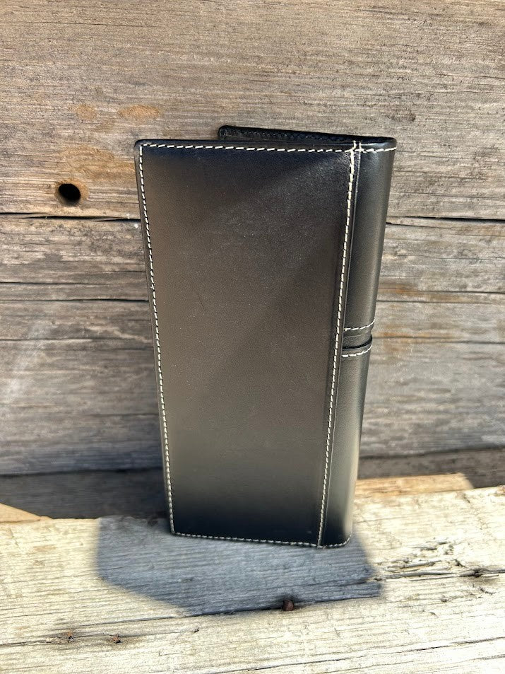 Black basketweave leather tall wallet with embossed Praying Cowboy design on top with three cowhide inlay crosses on bottom of front. Rear View 