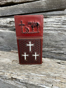 Brown leather tall wallet with embossed Praying Cowboy design on top of a basketweave leather bottom with three cowhide inlay crosses. Front View B
