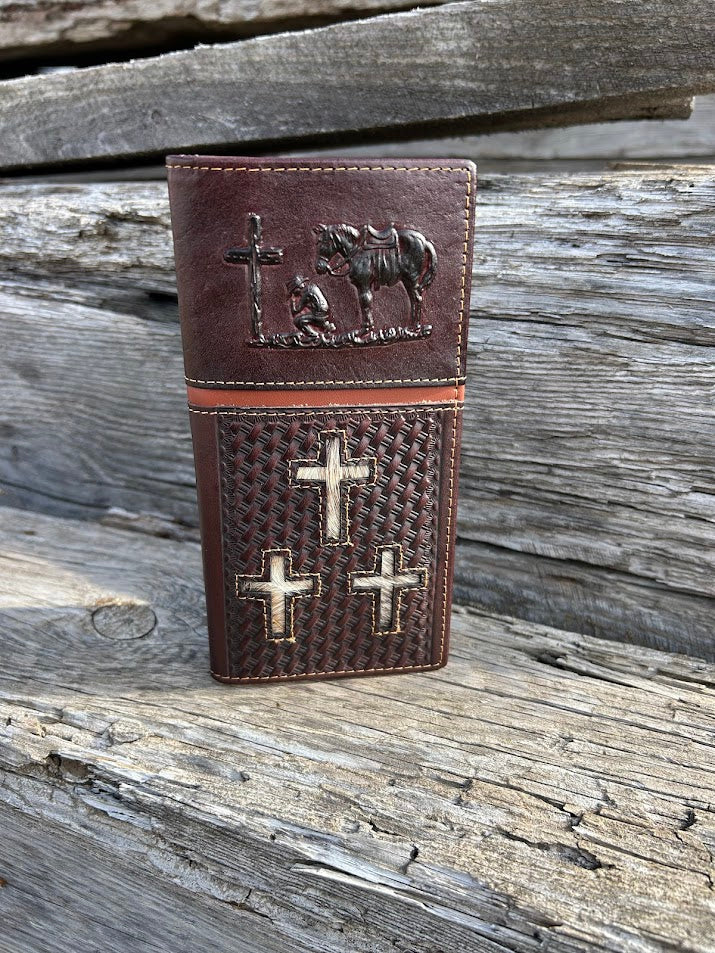 Coffee Brown leather tall wallet with an embossed praying cowboy design on top, and the bottom is basket weave featuring three inlay cowhide crosses. Front View