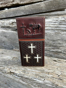 Coffee Brown leather tall wallet with an embossed praying cowboy design on top, and the bottom is basket weave featuring three cowhide inlay crosses. Front View