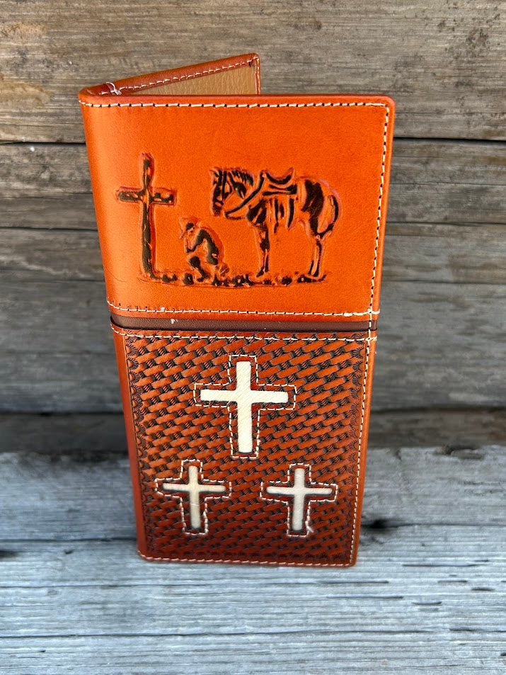 Light brown basketweave leather tall wallet with a embossed Praying Cowboy design on the top and three cowhide inlay crosses on the bottom. Front View B